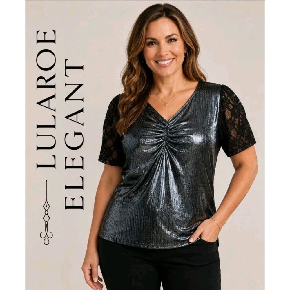 NWT LULAROE ELEGANT MARY Womens L Holiday Church Wedding Silver Black Shiny Top
